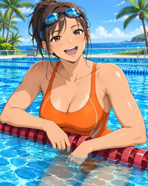 Kaylith, an adult anime companion leaning on a lane rope with goggles on her forehead